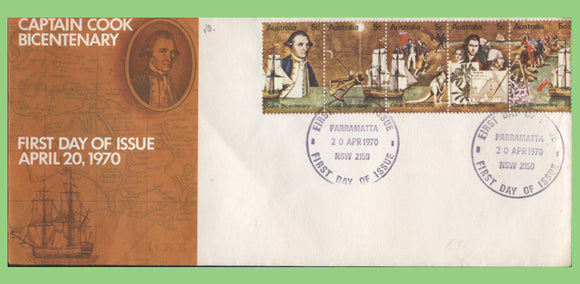 Australia 1970 Captain Cook Bicentenary 5d strip on First Day Cover