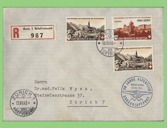 Switzerland 1943 30th Anniversary of Alpine Flight cover ( First Day of Pro Aero Stamp)