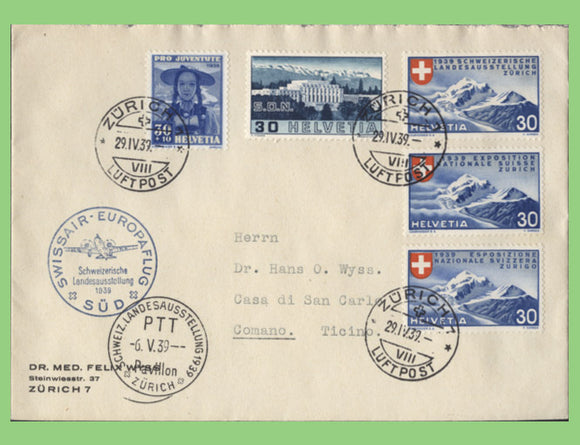 Switzerland 1939 Swissair Flight cover with cachet to Italy