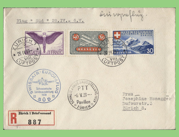 Switzerland 1939 Exhibition registered flight cover with Swissair cachet