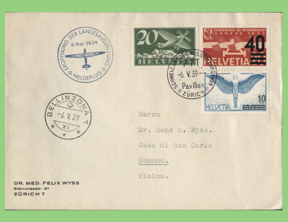 Switzerland 1939 Airmail Exhibition cancel cover with airmail cachet to Italy