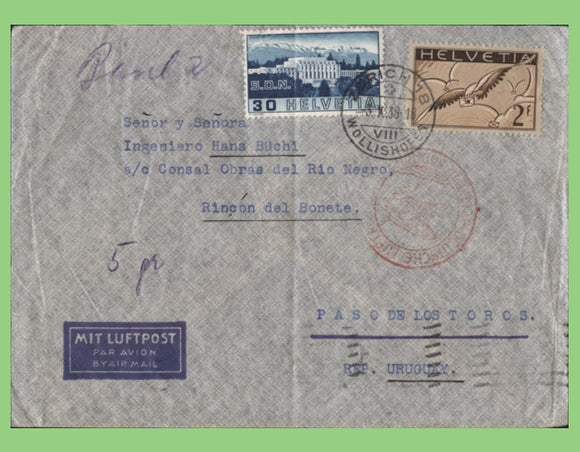 Switzerland 1938 30r and 2f on Airmail cover to Uruguay, red flight cachet