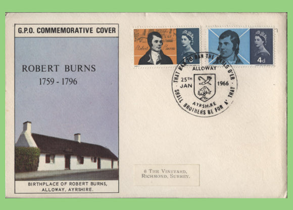 G.B. 1966 Robert Burns set on First Day Cover, Alloway H/S