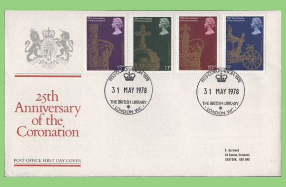 G.B. 1978 Coronation set on Post office First Day Cover, British Library