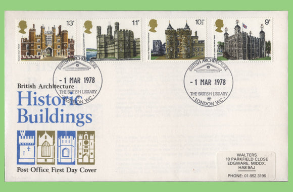 G.B. 1978 Historic Buildings set on Post Office First Day Cover, British Library
