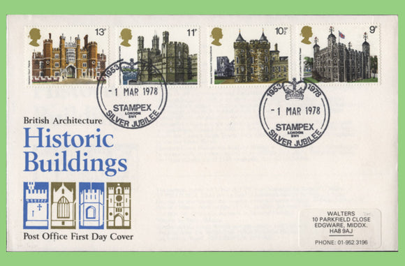 G.B. 1978 Historic Buildings set on Post Office First Day Cover, Stampex