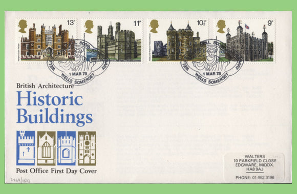 G.B. 1978 Historic Buildings set on Post Office First Day Cover, Wells Somerset