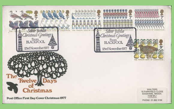 G.B. 1977 Christmas set on Post Office First Day Cover, Blackpool