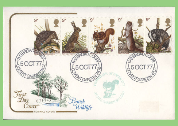 G.B. 1977 British Wildlife set on Cotswold First Day Cover, Broadcourt Covent Garden