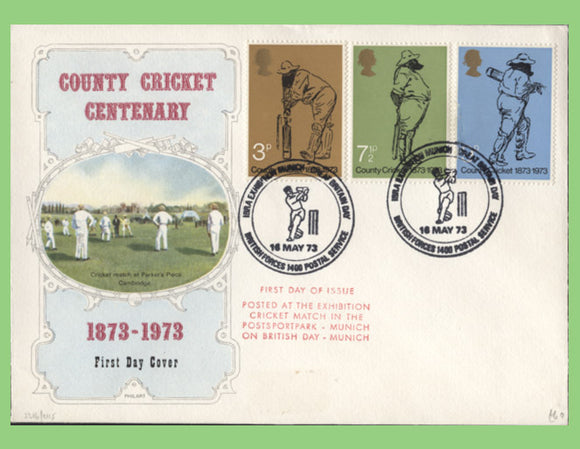 G.B. 1973 Cricket set on Philart First Day Cover, British Forces Postal Service 1400, IBRA Exhibition