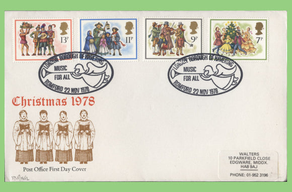 G.B. 1978 Christmas set on Post Office First Day Cover, Romford