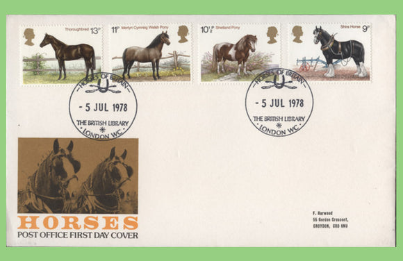 G.B. 1978 Horses set on Post office First Day Cover, The British Library