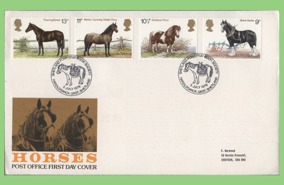 G.B. 1978 Horses set on Post office First Day Cover, Haroldswick Shetland