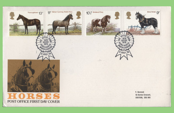 G.B. 1978 Horses set on Post office First Day Cover, Kenilworth Warwickshire