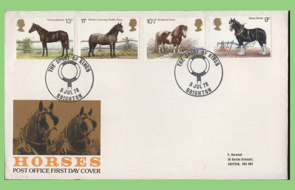 G.B. 1978 Horses set on Post office First Day Cover, Brighton