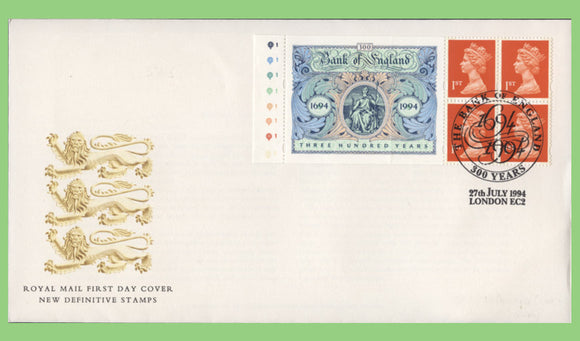 G.B. 1994 Bank of England booklet pane on Royal Mail First Day Cover, 300 Years
