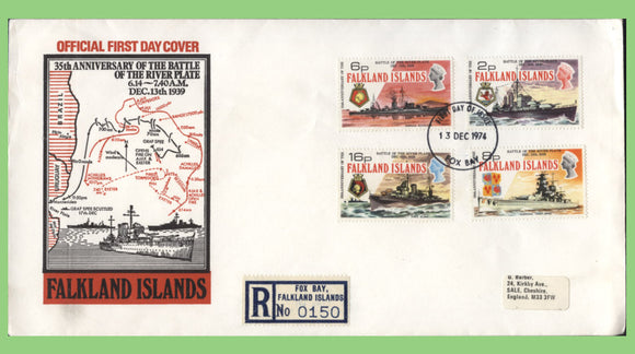 Falkland Islands 1974 Battle of Falklands ships set on illustrated First Day Cover, Fox Bay