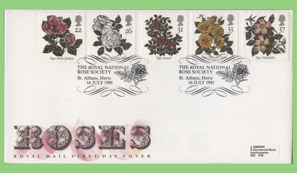 G.B. 1991 Roses set on Royal Mail First Day Cover, St Albans, Herts