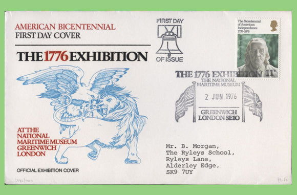 G.B. 1976 American Bicentennial Official Exhibition First Day Cover, Greenwich