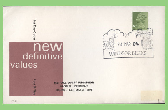 G.B. 1976 8½p All over phosphor Definitive Post Office First Day Cover, Windsor