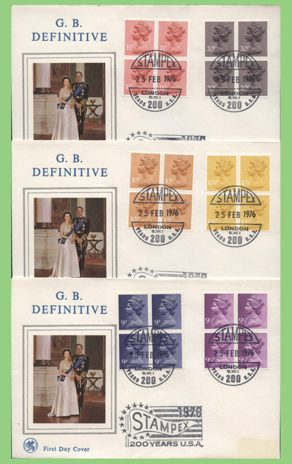 G.B. 1976 Definitives Blocks on three Wessex First Day Covers, Stampex