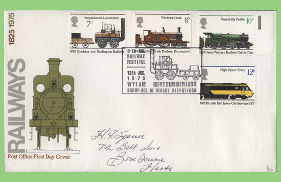 G.B. 1975 Trains set on Post Office First Day Cover, Wylam Northumberland