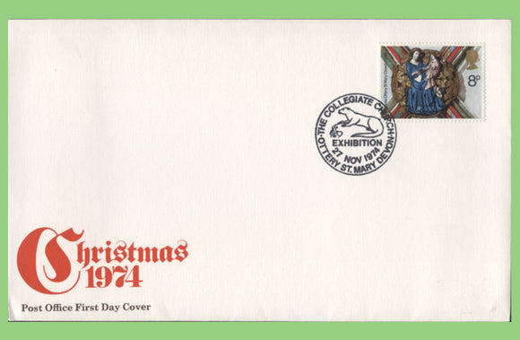 G.B. 1974 Christmas 8p on Post office First Day Cover, Ottery St. Mary