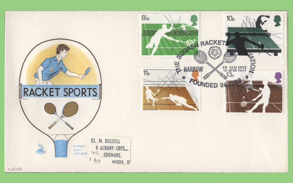 G.B. 1977 Racket Sport set on Mercury First Day Cover, Harrow