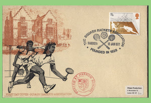 G.B. 1977 11p Racket Sport official Philart First Day Cover, Harrow + cachet