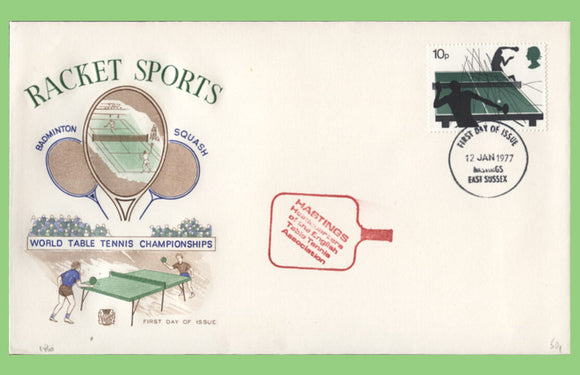 G.B. 1977 10p Racket Sport on Stuart First Day Cover, Hastings, HTTA cachet