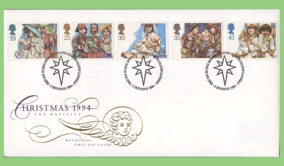 G.B. 1994 Christmas set on Royal Mail First Day Cover, Bethlehem