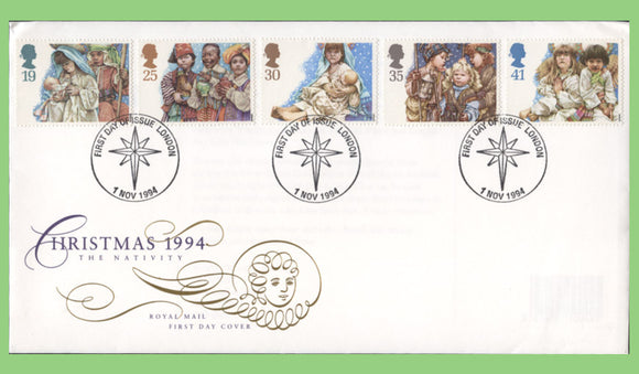 G.B. 1994 Christmas set on Royal Mail First Day Cover, London