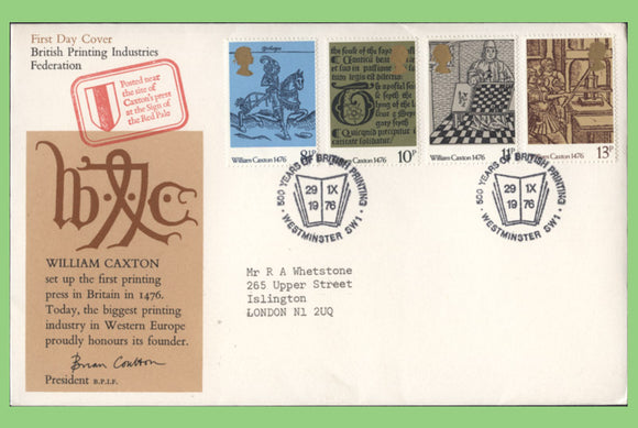 G.B. 1976 William Caxton Br. Pr Ind Fed official First Day Cover, Westminster