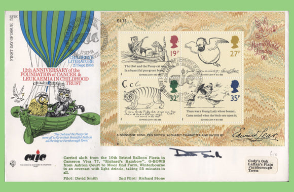 G.B. 1988 Edward Lear m/s RAF Flown & signed First Day Cover, BFPS 2182