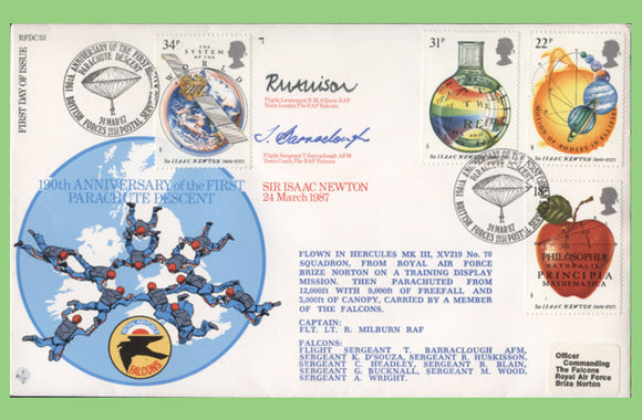 G.B. 1987 Isaac Newton set on RAF Flown & signed First Day Cover, BFPS 2151