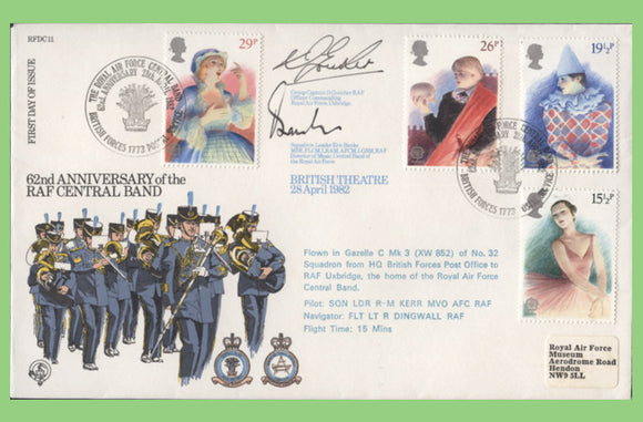 G.B. 1982 British Theatre set on RAF Flown & signed First Day Cover, BFPS 1773