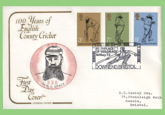 G.B. 1973 County Cricket set Cotswold First Day Cover, Downend, Bristol