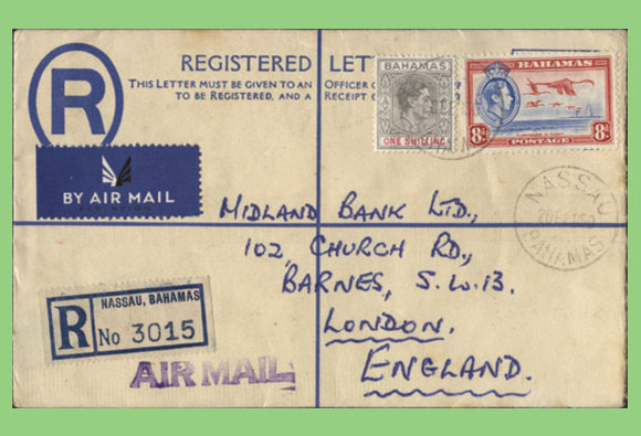 Bahamas 1950 KGVI 2d registered env, up rated with 8d & 1/- stamps to England