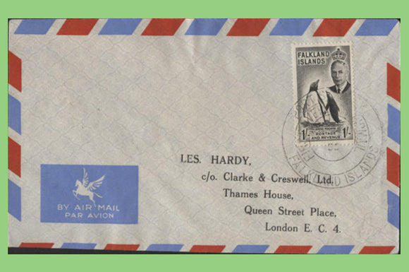Falkland Islands 1952 KGVI 1/- on First Overseas Airmail cancel cover