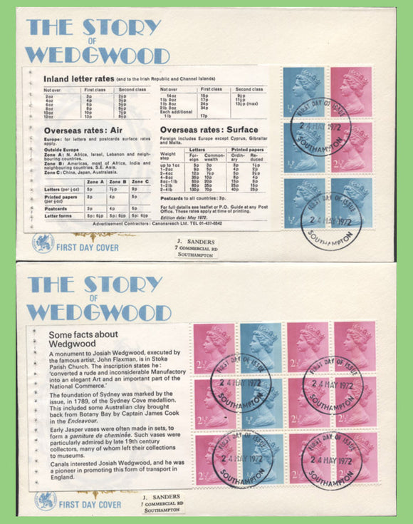 G.B. 1972 Wedgwood Booklet Pane set on four Wessex First Day Covers, Southampton