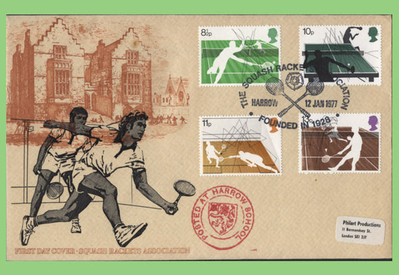 G.B. 1977 Racket Sport set on official Philart First Day Cover, Harrow + cachet