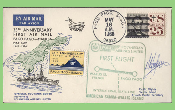 U.S.A. /Samoa 1966 35th Anniversary of First Airmail Pago Pago-Manu'a. PAL Flight cover to Wallis Island