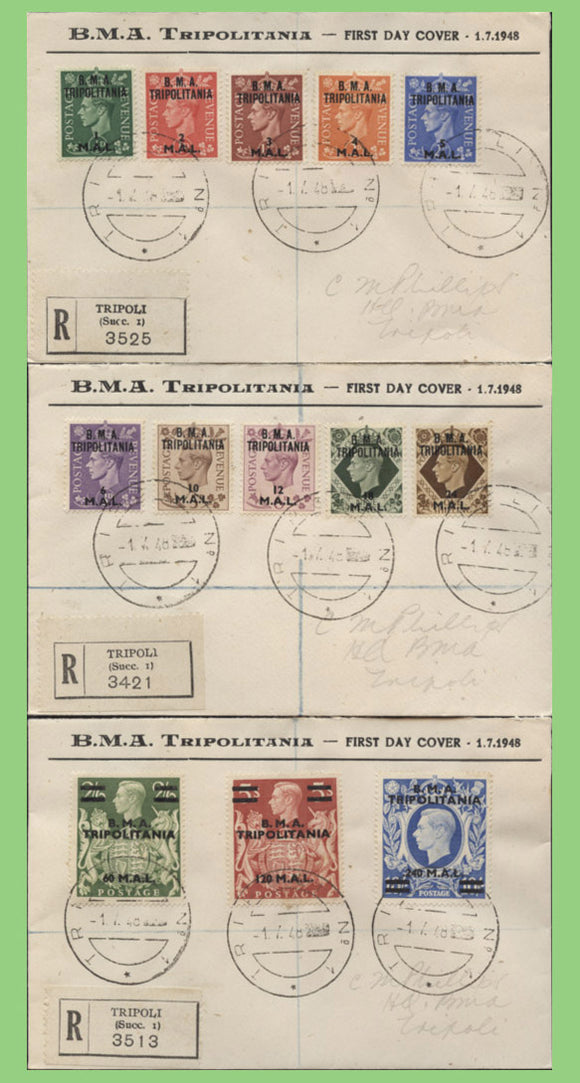 British Post Offices - Tripolitania 1950 KGVI B.M.A. Tripolitania overprints set on three First Day Covers