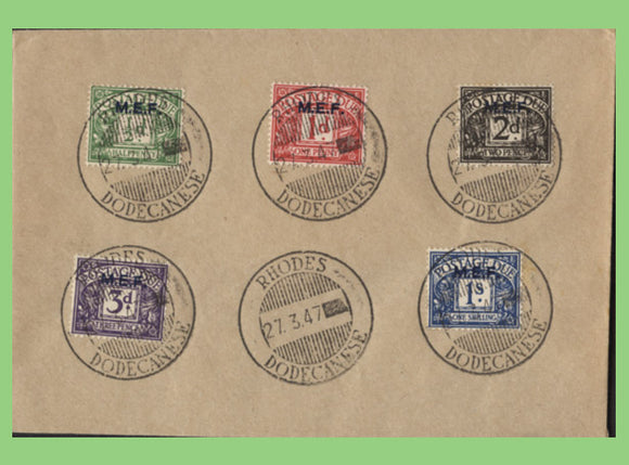 G.B. Overprints - M.E.F. 1947 set of Postage dues on cover, Rhodes, Dodecanese cancels