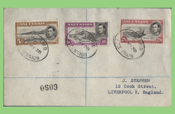 Ascension 1938 KGVI 2/6. 5/- and 10/- on registered cover to England