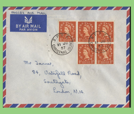 G.B. 1957 QEII ½d Wilding block of four +1 on cover, BFPO Christmas Island cancel