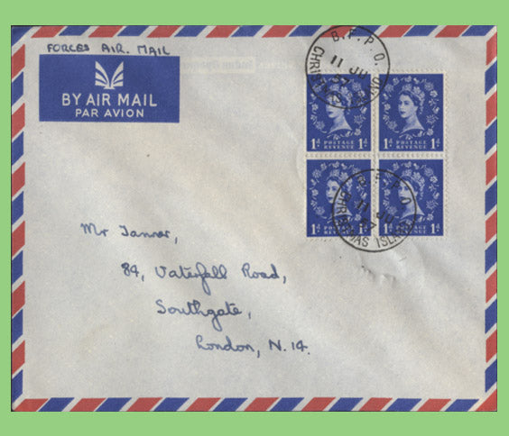 G.B. 1957 QEII 1d Wilding block of four on cover, BFPO Christmas Island cancel