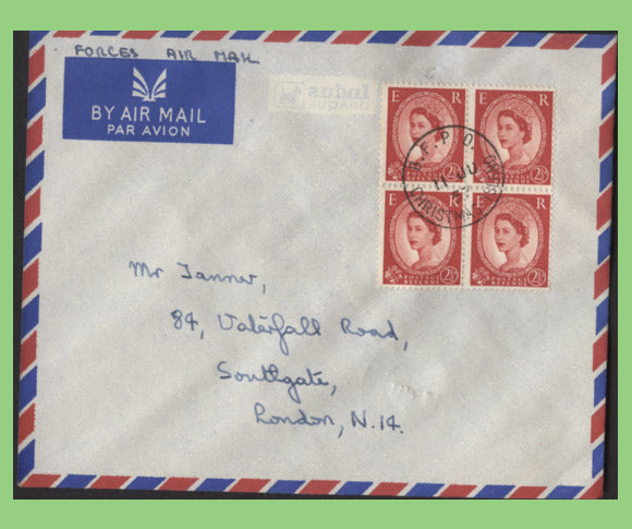 G.B. 1957 QEII 2½d Wilding block of four on cover, BFPO Christmas Island cancel