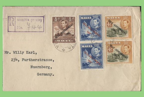 Malta 1950 KGVI multi franked registered Valletta cover to Germany