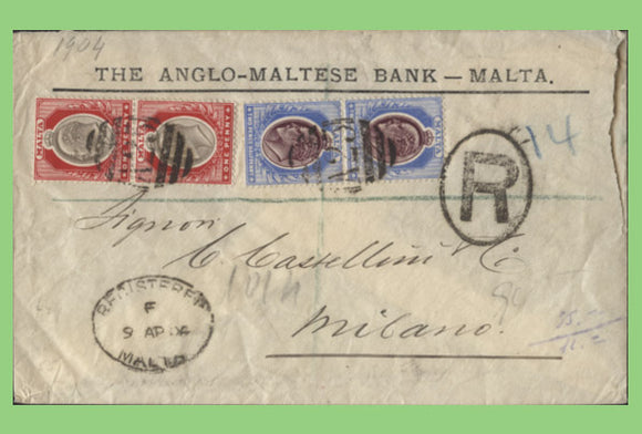 Malta 1904 EdVII ½d & 2½d pairs on registered cover to Italy